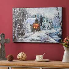 Luxenhome Lighted Winter Wonderland Log Cabin Canvas Print Whhd1008