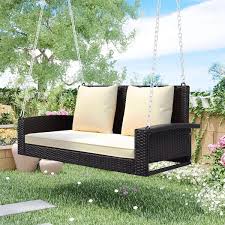 Patio Outdoor 50 In W 2 Person Hanging Wicker Porch Swing With Chains And Beige Cushion Pillow