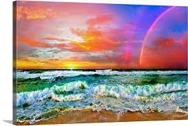 Beach Rainbow Colorful Ocean Wave Sunset Large Solid Faced Canvas Wall Art Print Great Big Canvas