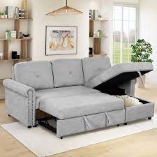83 1 In Width Gray Polyester Convertible Sectional 3 Seats Sleeper Sofa With Storage Space