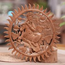 Hand Carved Round Krishna Wood Relief