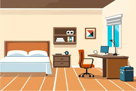 Cartoon Of A Bedroom With A Bed Desk
