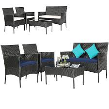 4 Pieces Patio Rattan Cushioned Sofa Set With Tempered Glass Coffee Table Navy