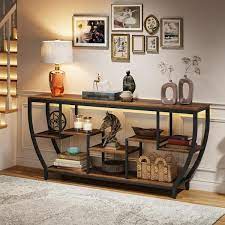 Benjamin 71 In Brown Rectangle Wood Console Table With 3 Tier Storage Extra Long Entryway Table Sofa Table