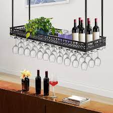 Vevor Ceiling Wine Glass Rack 46 9 X 13 Inch Hanging Wine Glass Rack 18 9 35 8 Inch Height Adjustable Hanging Wine Rack Cabinet Black Wall Mounted