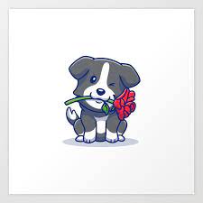 Cute Collie Dog With Red Rose Cartoon