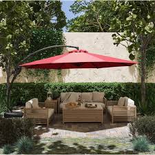 11 Ft Cantilever Patio Umbrella Large Outdoor Heavy Duty Offset Hanging Umbrella With Base In Red