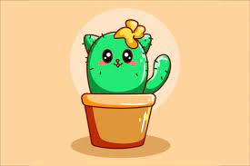 Cute Cactus Cat Plant Icon Cartoon
