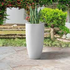 Plantara 24 In H Concrete Tall Solid White Planter Large Outdoor Plant Pot Modern Tapered Flower Pot For Garden