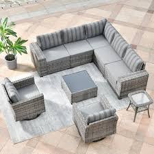 Crater Grey 9 Piece Wicker Wide Plus Arm Patio Conversation Sofa Set With Swivel Rocking Chairs And Stripe Grey Cushions