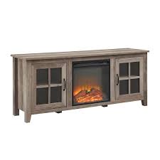 Welwick Designs 58 In Grey Wash Wood And Glass Transitional 2 Door Windowpane Fireplace Tv Stand Fits Tvs Up To 65 In