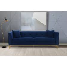 Armen Living Everest 90 Blue Fabric Upholstered Sofa With Brushed Gold Legs