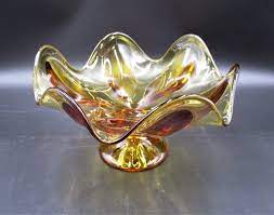 Large Amber 6 Petal Compote Bowl
