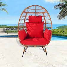 39 In W Wicker Egg Chair Patio Swing Oversized Indoor Outdoor Lounger For Patio Backyard Steel Frame In Red Cushions