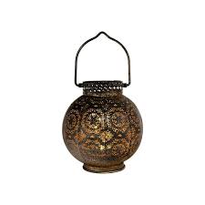Lumabase Battery Operated Bronze Metal Lantern With Cut Out Design And White Lights