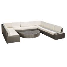 Noble House Santa Cruz Outdoor 10 Seater Wicker Sectional Sofa Set With Cushions Gray White