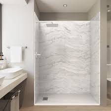 60 In L X 32 In Wx84 In H Alcove Solid Composite Stone Shower Kit W Sierra Light Walls And L R White Sand Shower Pan