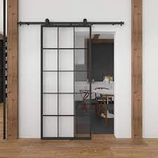 Colonial Elegance Queen S 37 In X 84 In Full 15 Lite Clear Glass Black Metal Sliding Barn Door With Hardware Kit