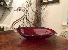 Ruby Red Glass Swan Candy Bowl