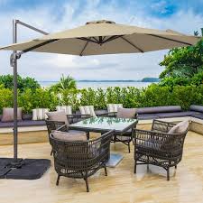 10 Ft Cantilever Patio Umbrella With Cross Base Outdoor Offset Hanging 360 Degree In Sand