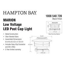 Hampton Bay Marion 25 Watt Equivalent Black Low Voltage Led Outdoor Post Cap Light With Seeded Glass