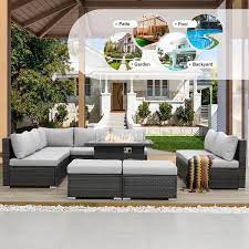 Modern 10 Piece Charcoal Wicker Patio Fire Pit Deep Sectional Seating Sofa Set With Light Grey Cushions And Ottomans
