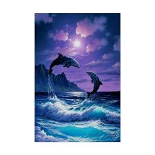 Jumping Dolphins Oil Painting Print On Wrapped Canvas Trademark Fine Art Size 47 H X 30 W