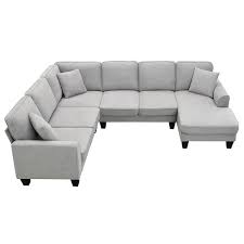 108 In Flared Arm 4 Piece U Shaped Linen Modern Sectional Sofa With 3 Pillows In Gray