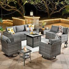 Tahoe Grey 10 Piece Wicker Swivel Rocking Outdoor Patio Conversation Sofa Set With A Fire Pit And Grey Cushions