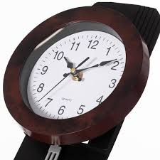 Clockswise Traditional Black Round Wood Looking Pendulum Plastic Wall Clock For Living Room Kitchen Or Dining Room
