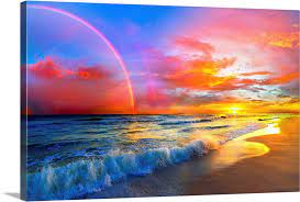 Pink Sunset Beach With Rainbow And Ocean Waves Large Canvas Art Print Great Big Canvas