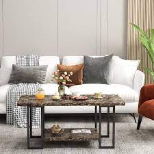Modern 39 In Brown Rectangle Faux Marble Coffee Table With Steel Frame