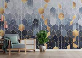 Blue Abstract Hexagons Relief Gold
