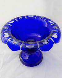 Bohemian Flashed Blue Glass Bowl Cut To
