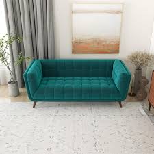 Tupper Mid Century Living Room Tufted 78 Back Turquoise Velvet Upholstered Sofa