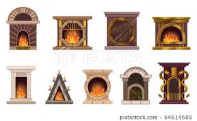 Vector Set Of Home Fireplaces With Fire