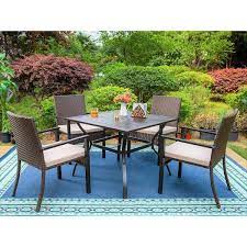 Black 5 Piece Metal Slat Square Table Patio Outdoor Dining Set With Ra