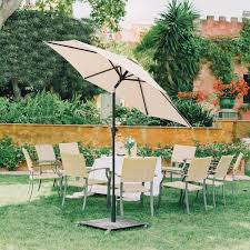 Flame Shade 9 Ft Steel Market Tilt Patio Umbrella For Outdoor In Beige Solution Dyed Polyester