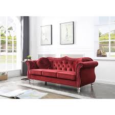 Passion Furniture 82 In Hollywood Velvet Chesterfield 3 Seater Sofa With 2 Throw Pillow Burgundy