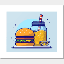 Burger And Orange Juice Cartoon Vector