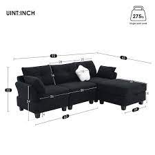 92 In Flared Arm L Shaped Teddy Velvet Fabric Modern Sectional Sofa In Black With Charging Ports And Storage Ottoman