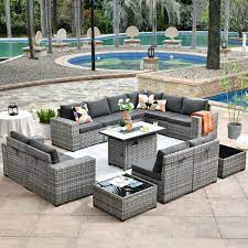 Tahoe Grey 13 Piece Wicker Wide Arm Outdoor Patio Conversation Sofa Set With A Fire Pit And Black Cushions