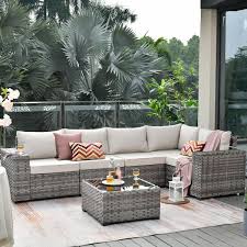 Marvel Gray 6 Piece Wicker Wide Arm Patio Conversation Set With Beige Cushions