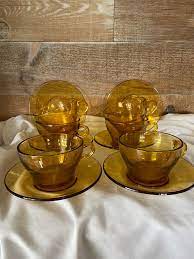Amber Glass Tea Cup And Saucer Set Of
