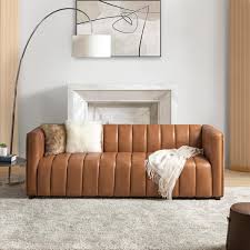 Pachynus 83 In Wide Square Arm Genuine Leather Rectangle Contemporary Channel Tufted Sofa In Camel