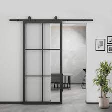 Calhome 37 In X 84 In Black 6 Panel Clear Glass Prefinished Steel Single Barn Door Hardware Included