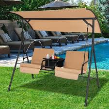 2 Person Metal Patio Swing Chair With Adjustable Canopy Beige