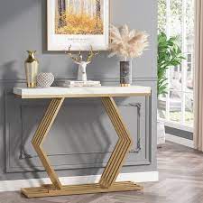 Turrella 42 5 In Faux Marble White Console Table With Gold Base Geometric Entryway Sofa Table Narrow Long