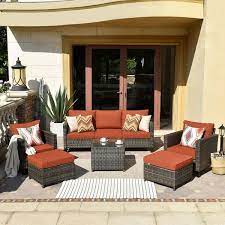 Mars Gray 6 Piece Wicker Outdoor Patio Conversation Seating Set With Orange Red Cushions