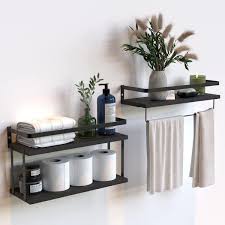 Dracelo 16 14 In W X 6 In D X 3 In H Black 2 1 Tier Bathroom Wall Mounted Floating Shelves With Metal Frame Rustic Brown